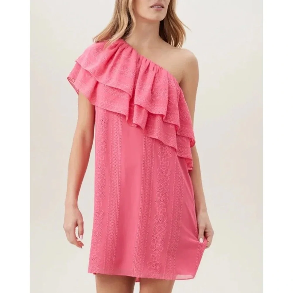 New‎ Trina Turk Phebe One Shoulder Eyelet Ruffle Mini Dress in Pink Size M